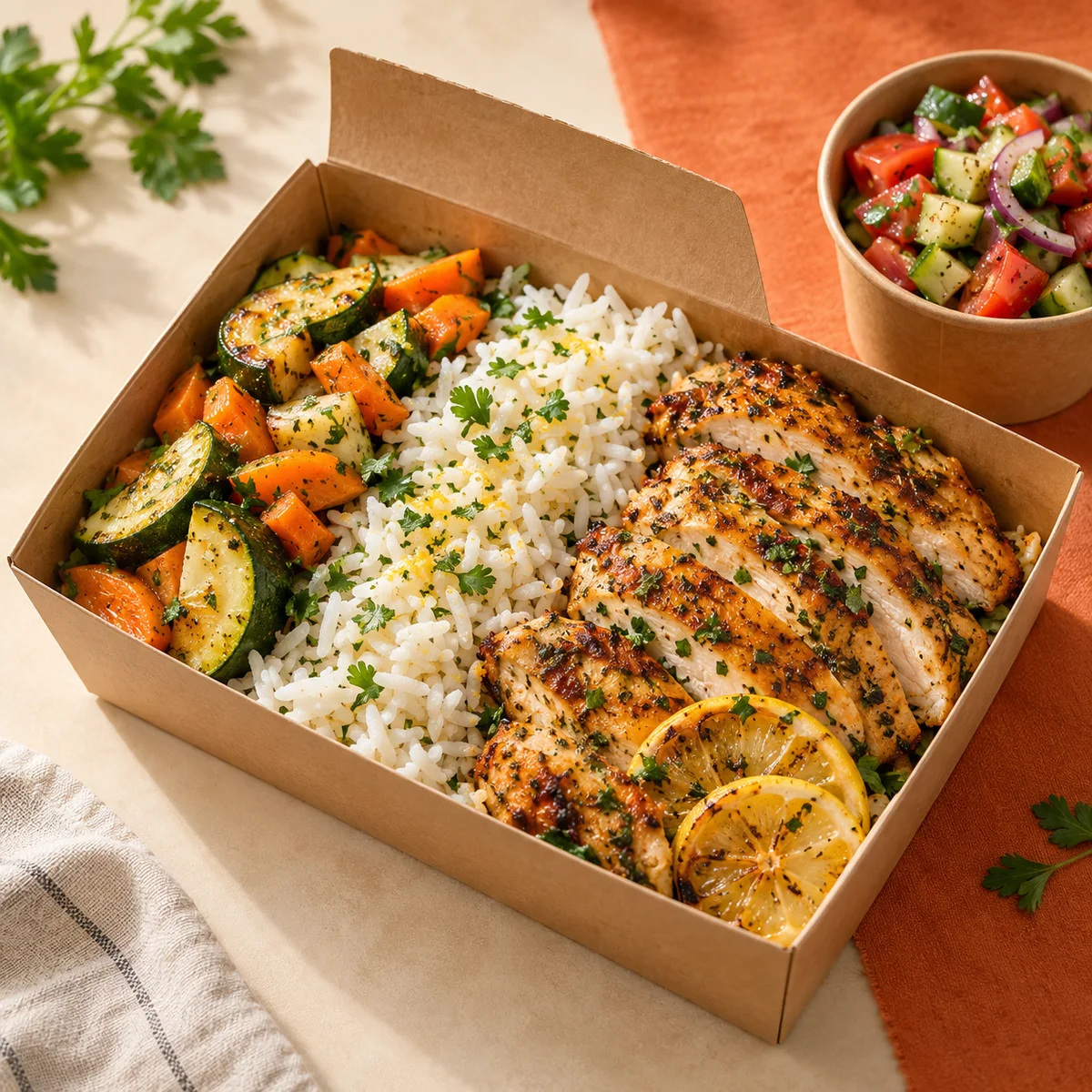 Illustration de poulet au citron, riz et légumes