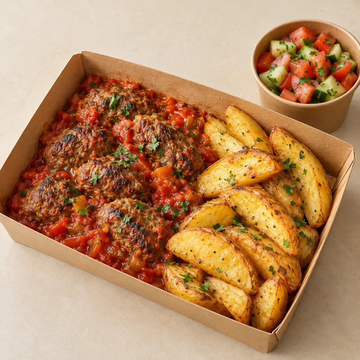 Illustration de kefta à la tomate, pommes de terre et salade